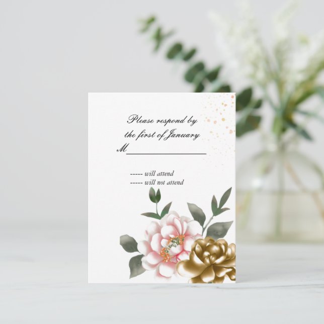Carte de réponse à l'aquarelle rose et bronze (Debout devant)