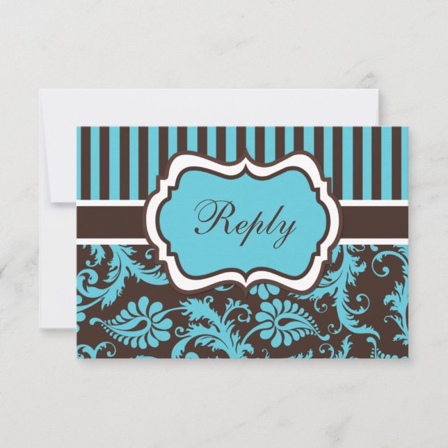 Carte de réponse Aqua, Brown, blanc strié Damask (Devant)