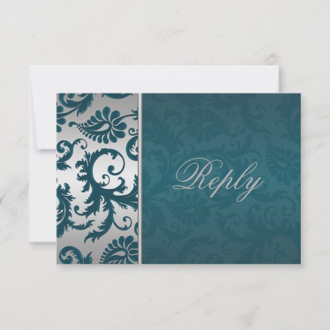 Carte de réponse Argent et Turquoise Damask II (Devant)