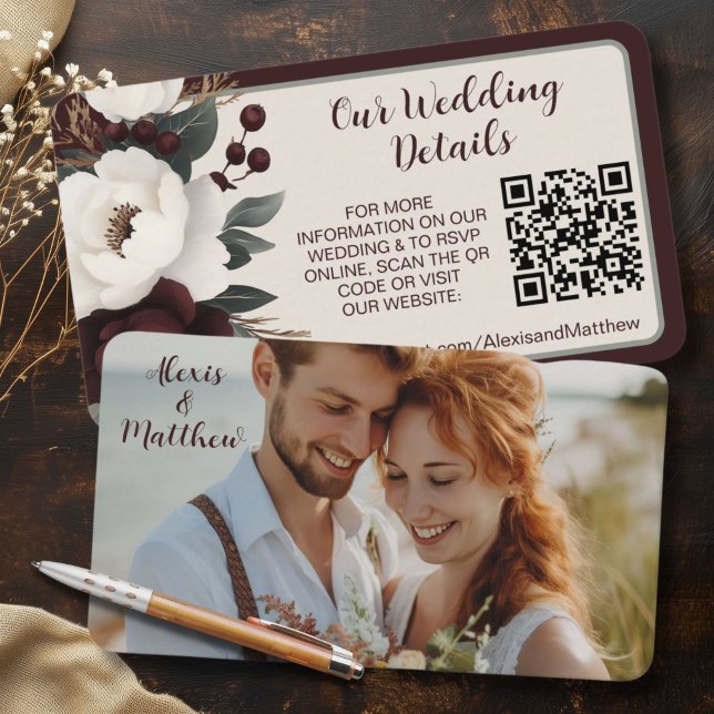 Carte de réponse avec QR code et photo pour une ré (Rustic Elegance QR Code Photo Wedding Details RSVP Enclosure Card)