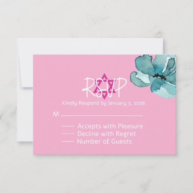 carte de réponse Bat mitzvah floral rose et blanc (Devant)