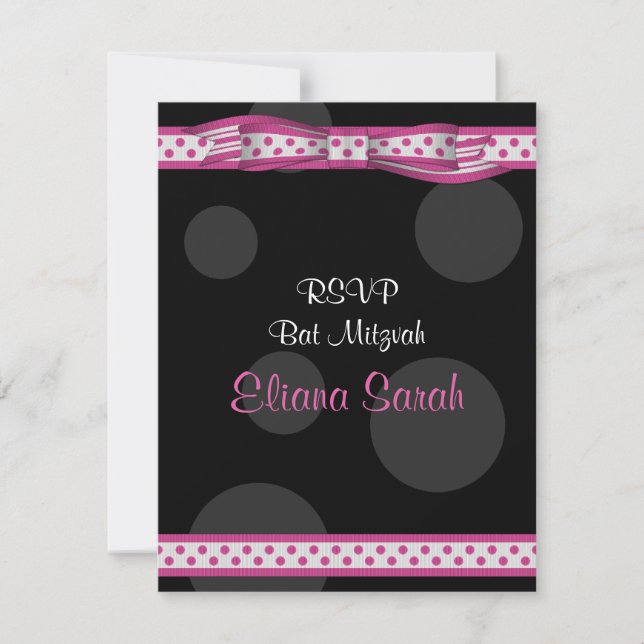 Carte de réponse Bat mitzvah Pois rose et noire (Devant)