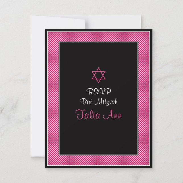 Carte de réponse Bat mitzvah Pois rose et noire (Devant)
