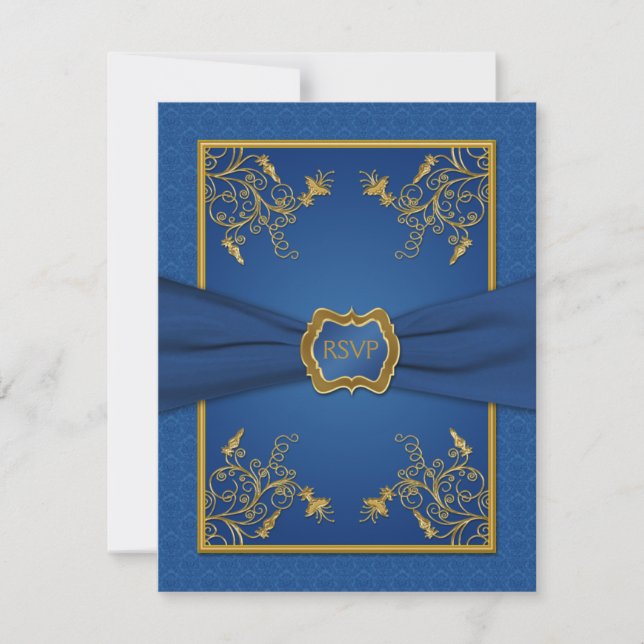 Carte de réponse Blue Damask et Gold Floral (Devant)
