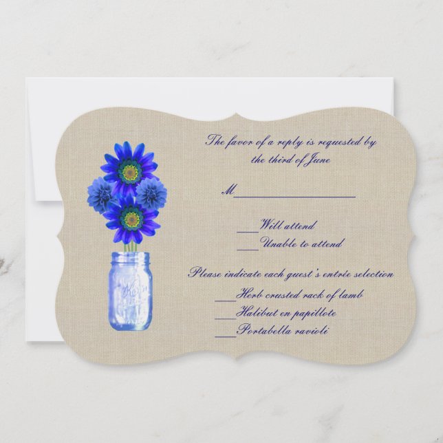 Carte de réponse Burlap Rustic Blue Mason Jar (Devant)