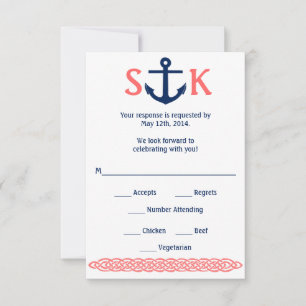 Carte de réponse d'ancre nautique Navy et Corail