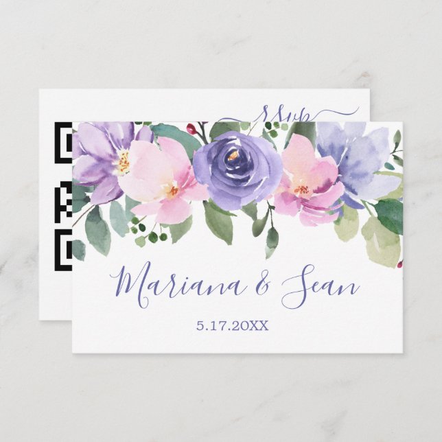 Carte de réponse de code QR de mariage floral viol (Devant / Derrière)