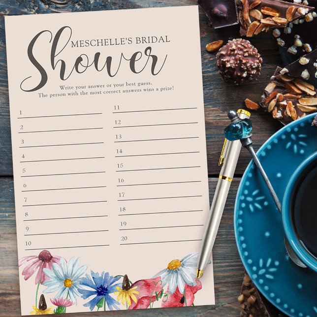 Carte de réponse de Fleur sauvage de jeu de Fête d (DIY Bridal Shower Game or Baby Shower game answer sheet from my Wildflower Charm collection)