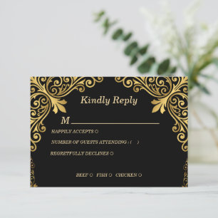 Carte de réponse de luxe noire et or vintage RSVP