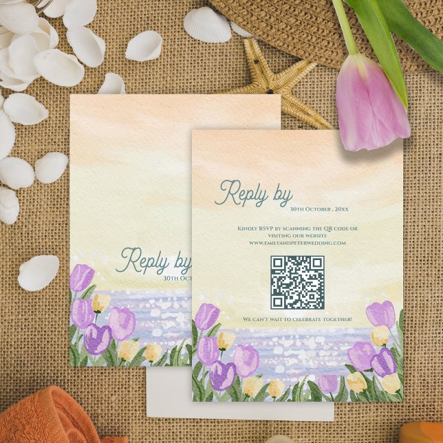 Carte de réponse de mariage à code QR Tulipe Aquar (Watercolor Tulip Spring QR Code Wedding reply By RSVP Card)