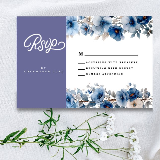 Carte de réponse de mariage à fleurs bleues poussi (Créateur téléchargé)