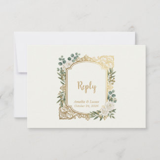 Carte de réponse de mariage à la verdure d'or d'iv