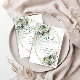 Carte de réponse de mariage à l'aquarelle Vert Or
