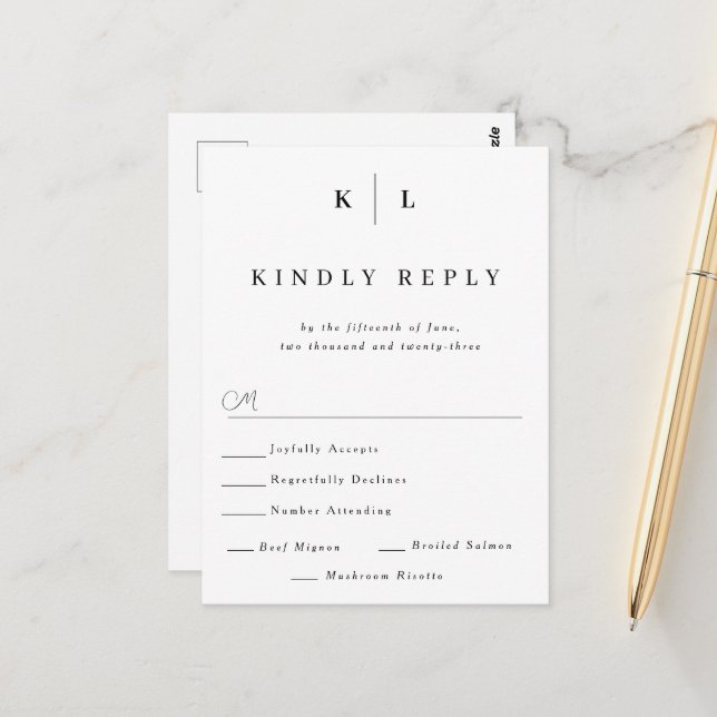 Carte de réponse de mariage à monogramme simple (Devant/Arrière en situation)