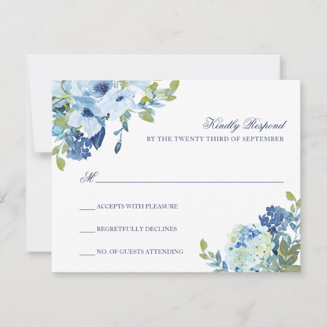 Carte de réponse de mariage à motif floral bleu po (Devant)