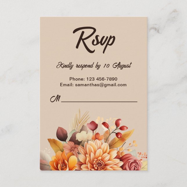 Carte de réponse de mariage à motif floral d'autom (Devant)