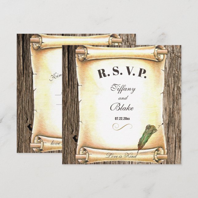 Carte de réponse de mariage à plume et parchemin u (Devant / Derrière)