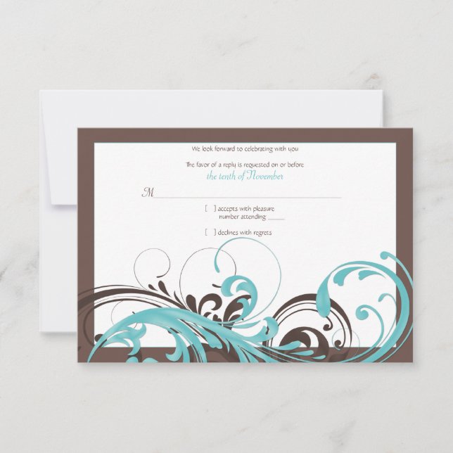 Carte de réponse de mariage Aqua Bleu, Fleurs Brun (Devant)
