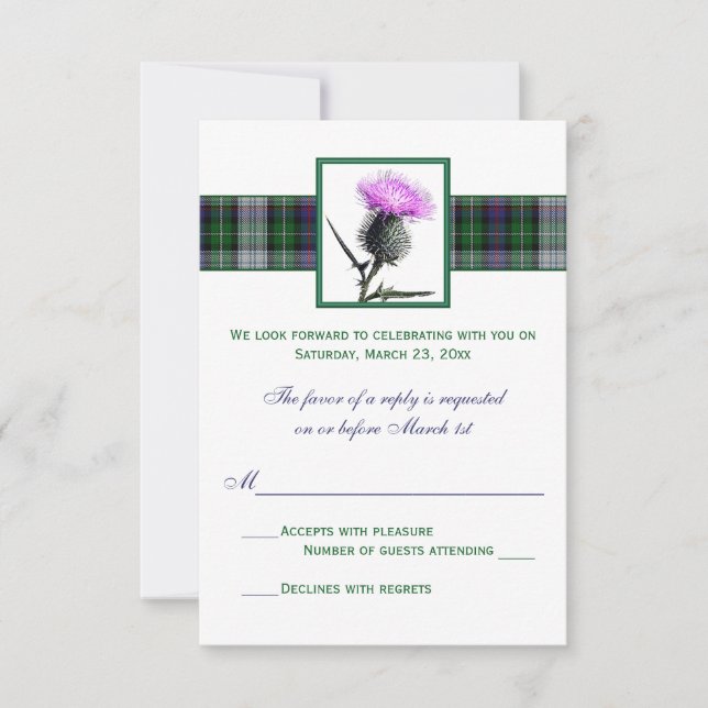 Carte de réponse de mariage au chardon à tartan ve (Devant)