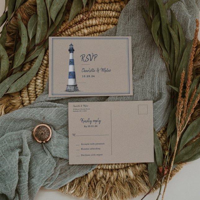 Carte de réponse de mariage au phare bleu blanc (Créateur téléchargé)