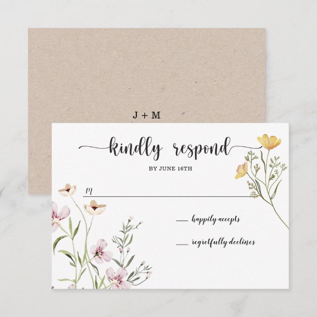 Carte de réponse de mariage aux fleurs sauvages (Devant / Derrière)