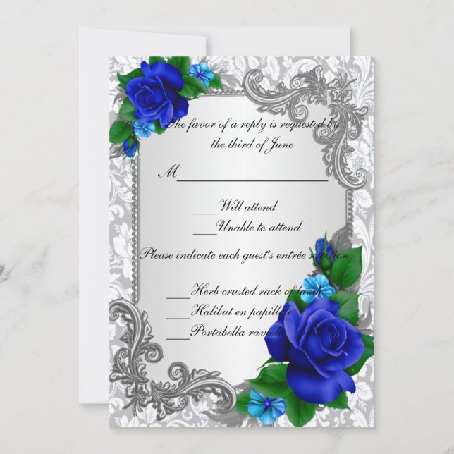 Carte de réponse de mariage aux roses bleues éléga (Devant)
