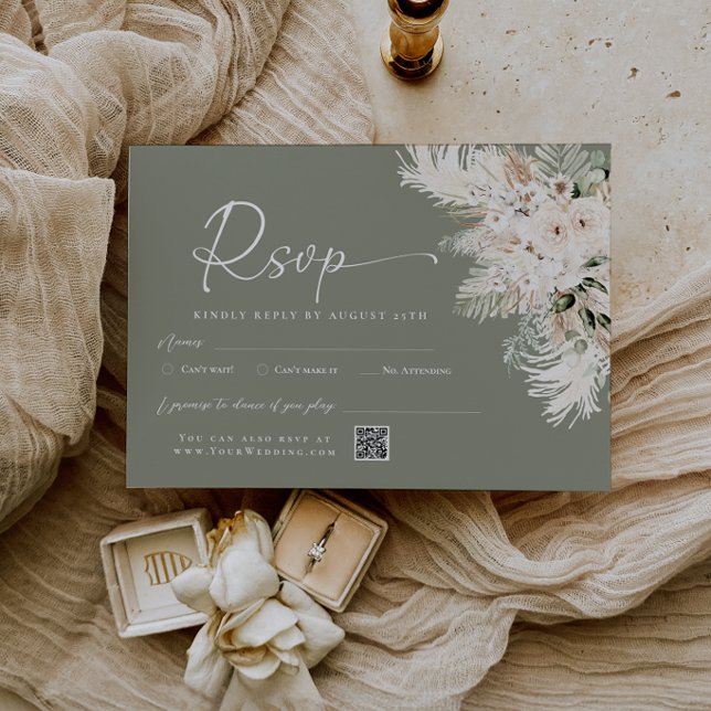 Carte de réponse de mariage avec code QR vert sage (Boho Sage Green QR Code Wedding RSVP Reply Card)