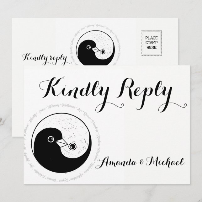 CARTE DE RÉPONSE DE MARIAGE AVEC colombes YinYang  (Devant / Derrière)