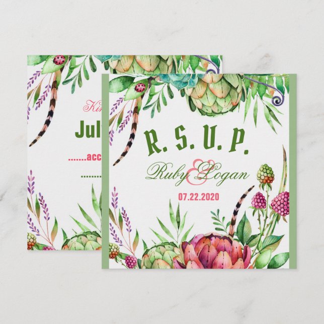Carte de réponse de mariage avec de belles succule (Devant / Derrière)