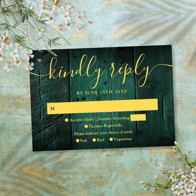 Carte de réponse de mariage bohème en bois rustiqu (Emerald Green Rustic Barn Wood Boho Wedding RSVP)