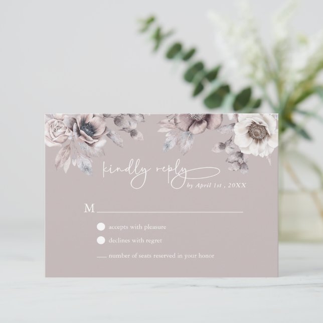Carte de réponse de mariage Boho Beige et Mauve Po (Debout devant)