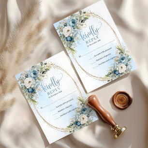 Carte de réponse de mariage chic bleu floral eucal