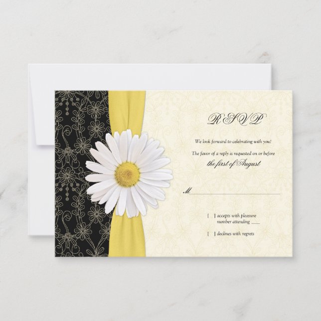 Carte de réponse de mariage Daisy noire jaune et i (Devant)
