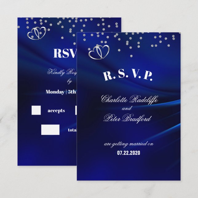 Carte de réponse de mariage diamants et cœurs bleu (Devant / Derrière)