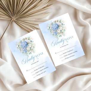 Carte de réponse de mariage dorée Hydrangeas Bleue