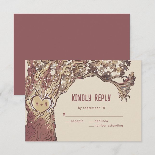 Carte de réponse de mariage en chêne sculpté de cœ (Devant / Derrière)