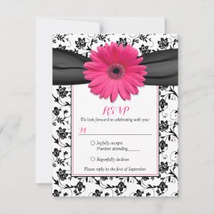 Carte de réponse de mariage en damas floral noir e