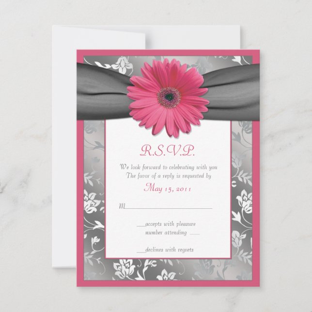 Carte de réponse de mariage en damas rose et gris (Devant)