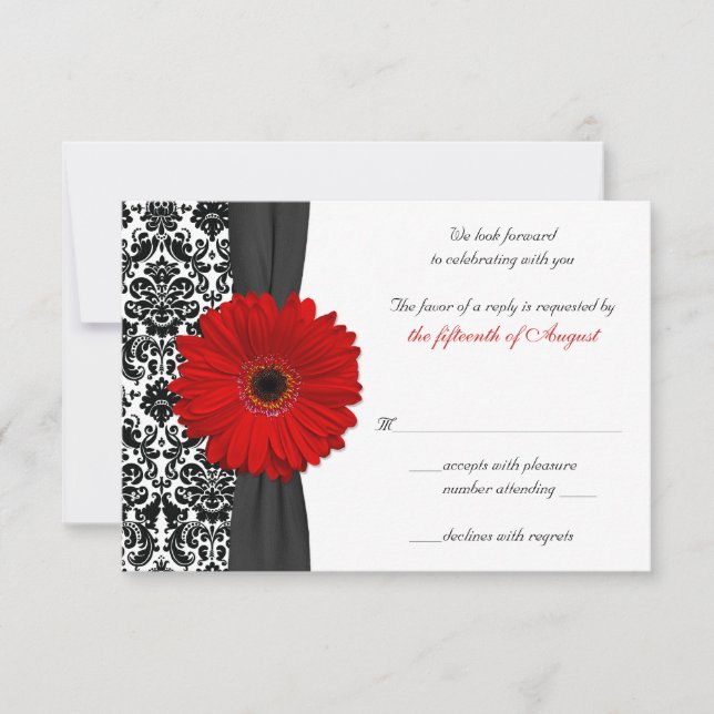 Carte de réponse de mariage en damassé rouge et no (Devant)