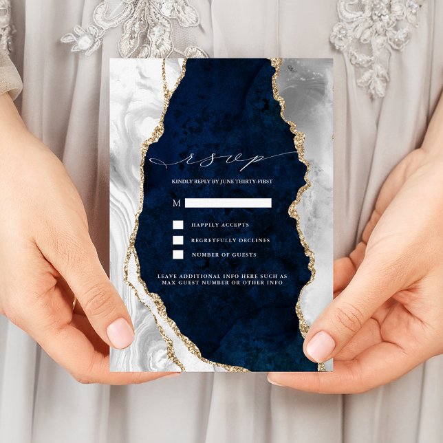 Carte de réponse de mariage en marbre Navy, agate  (Créateur téléchargé)