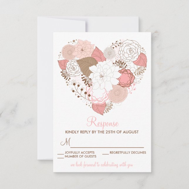 Carte de réponse de mariage Fleurs de cœur roses e (Devant)