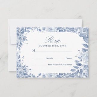 Carte de réponse de mariage floral bleu poussiéreu