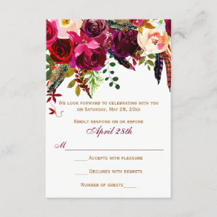 Carte de réponse de mariage - Floral bordeaux, Plu