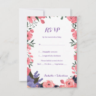 Carte de réponse de mariage floral lavande et rose
