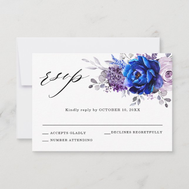 Carte de réponse de mariage floral lilas bleu roya (Devant)