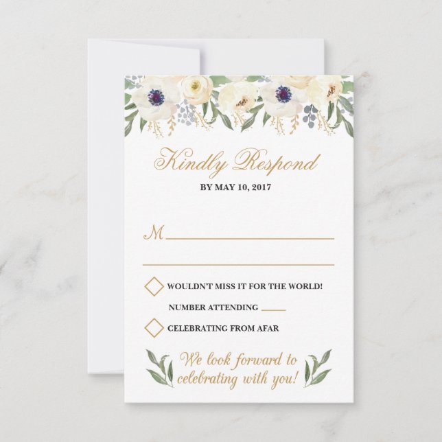 Carte de réponse de mariage floral or et blanc (Devant)