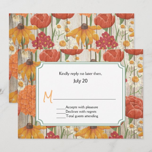 Carte de réponse de mariage floral orange rustique (Devant / Derrière)