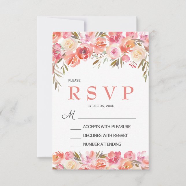 Carte de réponse de mariage floral rose pêche past (Devant)