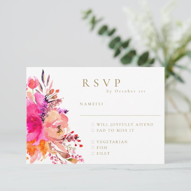 Carte de réponse de mariage florale aquarelle rose (Debout devant)