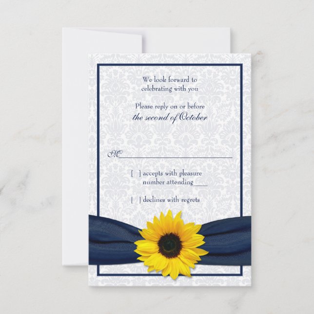 Carte de réponse de mariage florale en damassé mar (Devant)